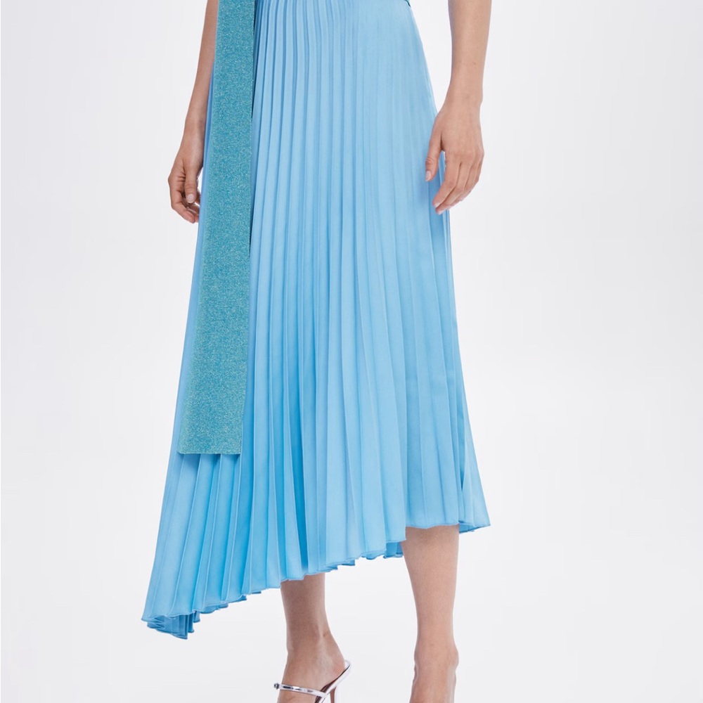 Mango Blue Asymmetrical Pleated Midi Skirt
